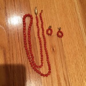Vintage genuine coral necklace 18k clasp earrings
